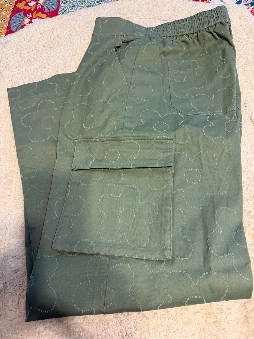 Women’s Olive Green Cargo Pants with Floral Stitching